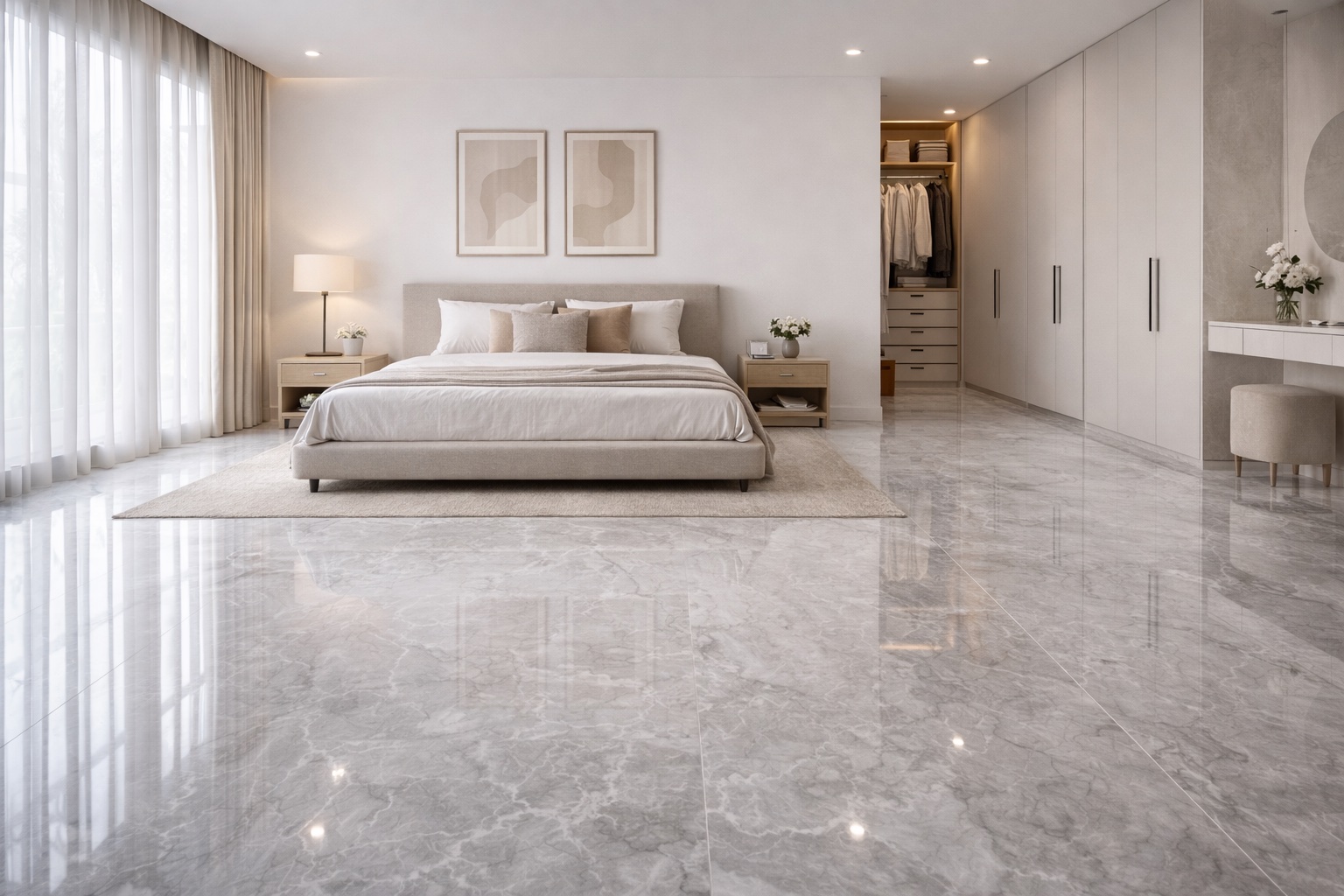 Polished marble floor in luxury bedroom